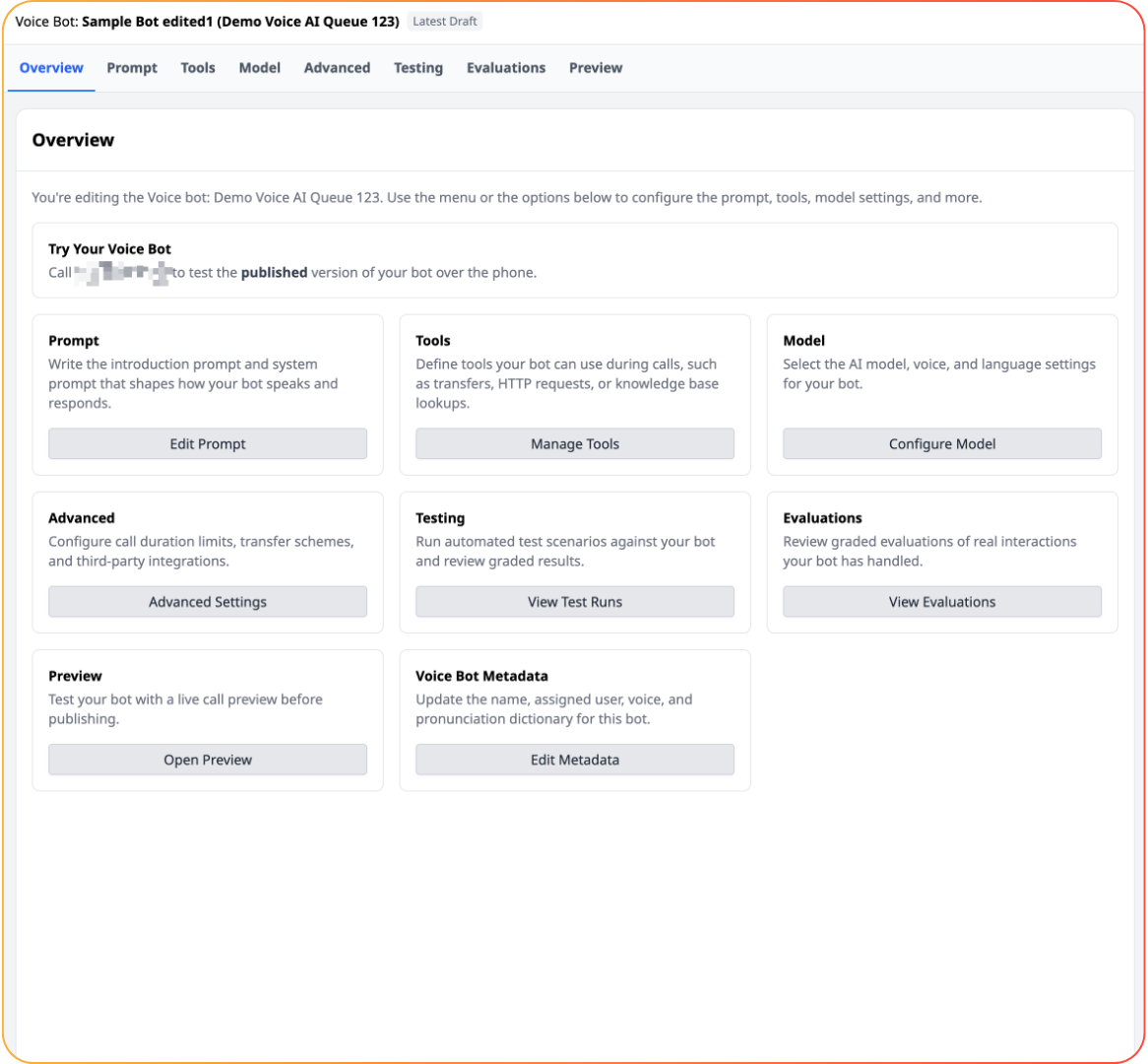 Voice bot Overview page with cards for Prompt, Tools, Model, Advanced, Testing, Evaluations, Preview and Metadata