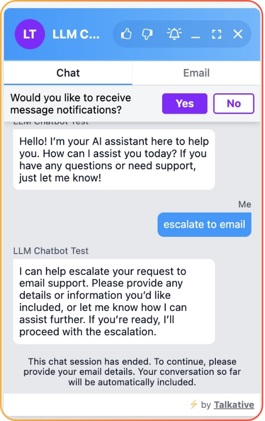 Chat widget showing AI assistant escalating a chat to email