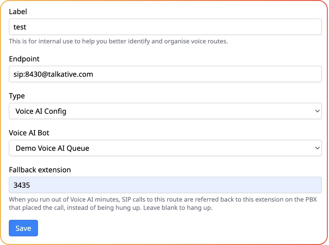 Voice route configuration form with Voice AI Config type